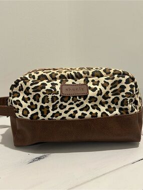 Leopard Print and Brown Leather Toiletry makeup cosmetic  Bag